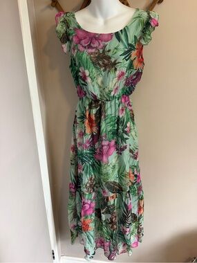 Le Ragazze Green Silk Blend Floral Tiered Maxi Dress Size S
